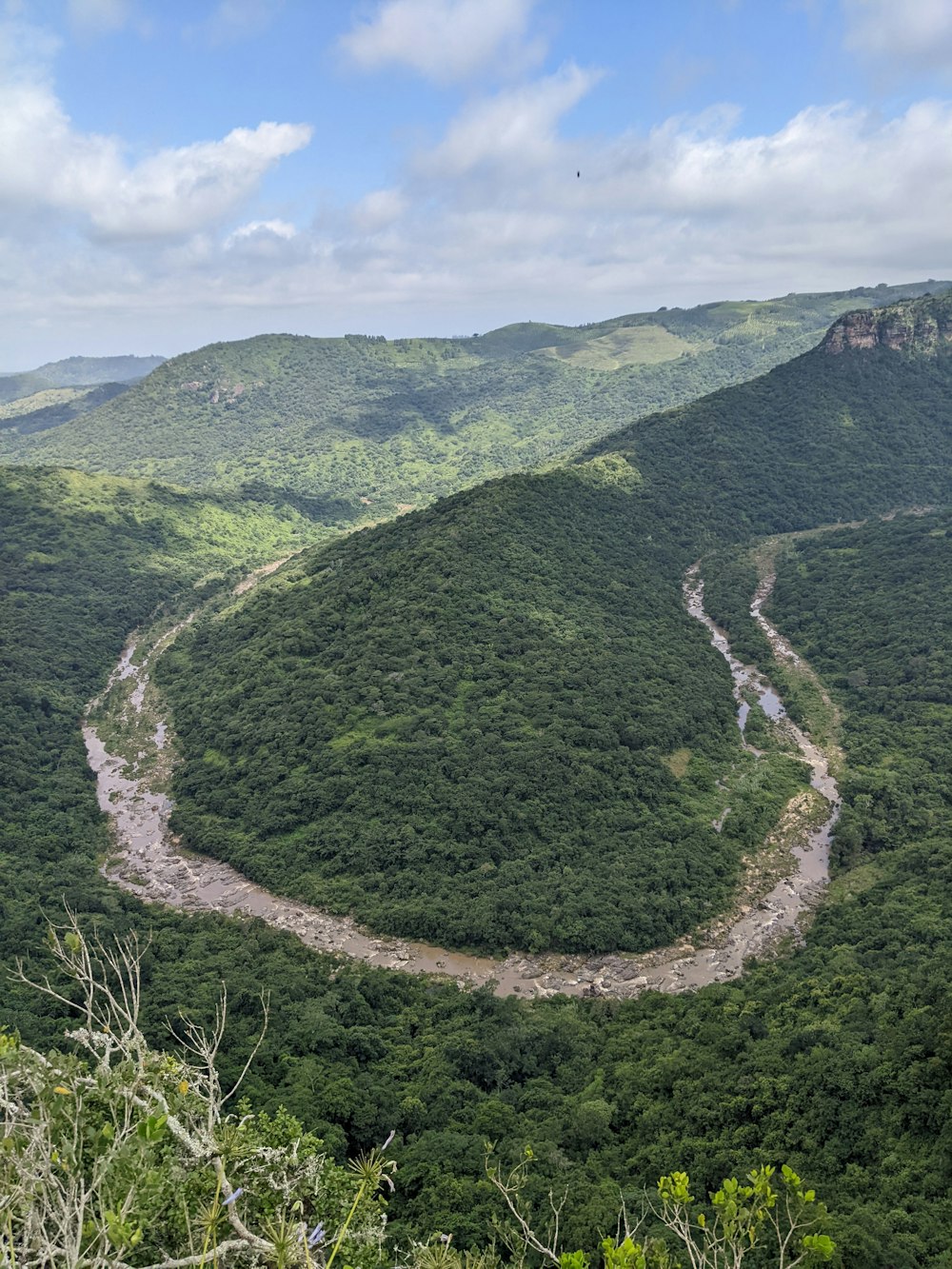 a view of a river running through a lush green valley