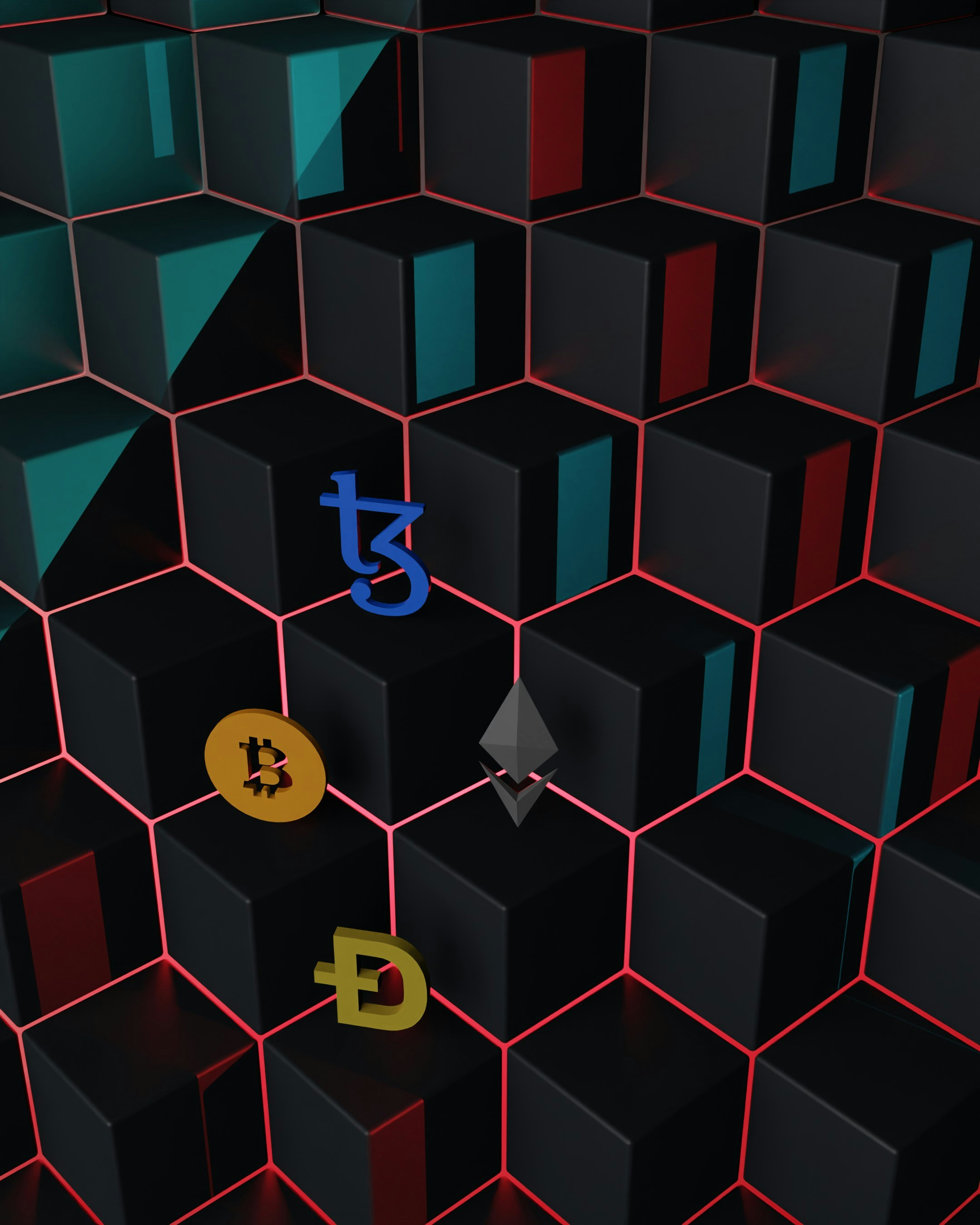 3D illustration of Tezos coin, bitcoin, Ehtereum, and dogecoin placed on a chain of blocks. Tezos is a blockchain designed to evolve. work 👇: Email: shubhamdhage000@gmail.com
