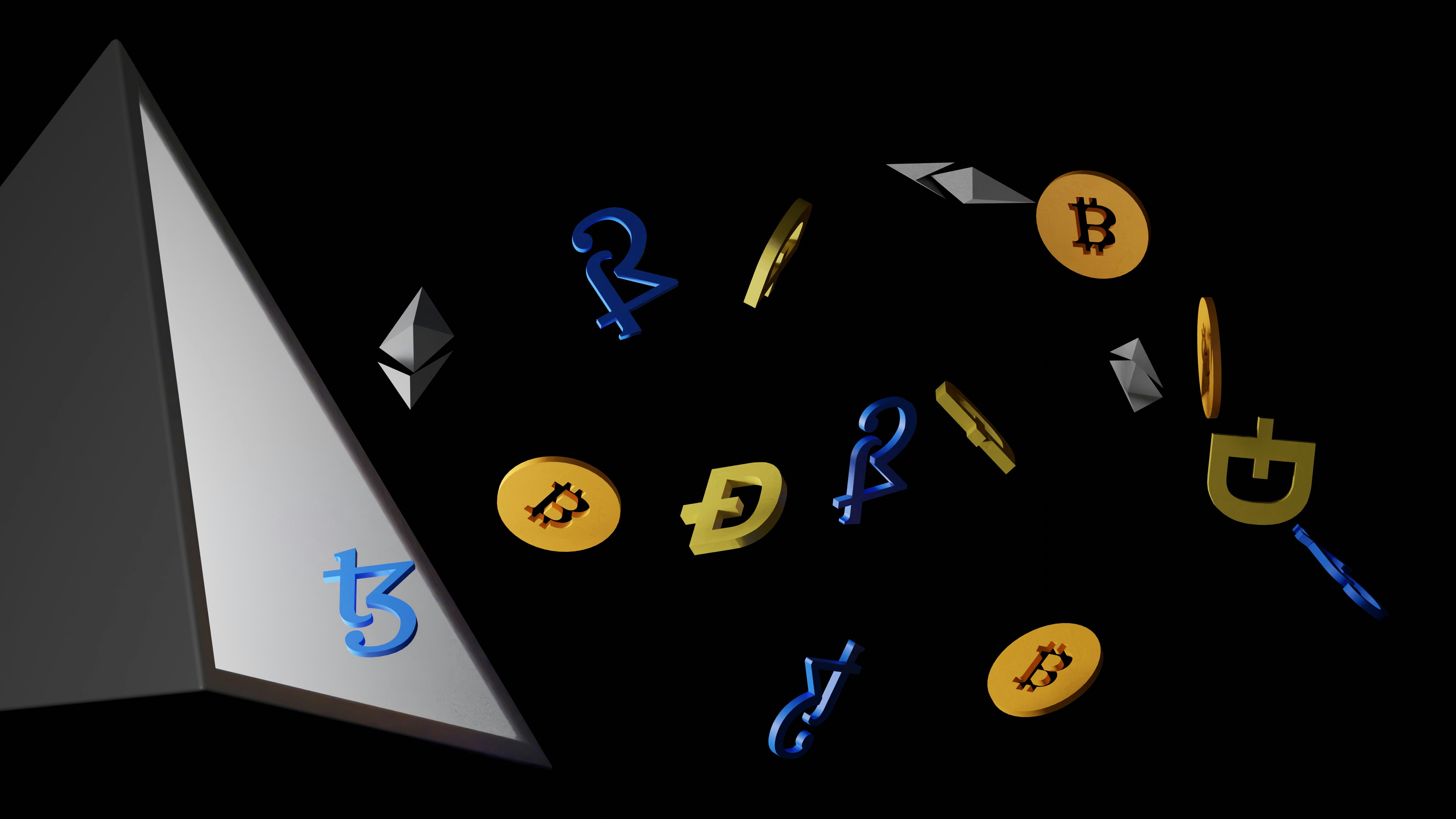 3D illustration of Tezos coin, bitcoin, Ehtereum, and dogecoin emerging from light source. Tezos is a blockchain designed to evolve. work : Email: shubhamdhage000@gmail.com
