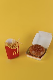 A serving of French fries in a red container with a prominent logo next to a boxed hamburger on a flat yellow background.