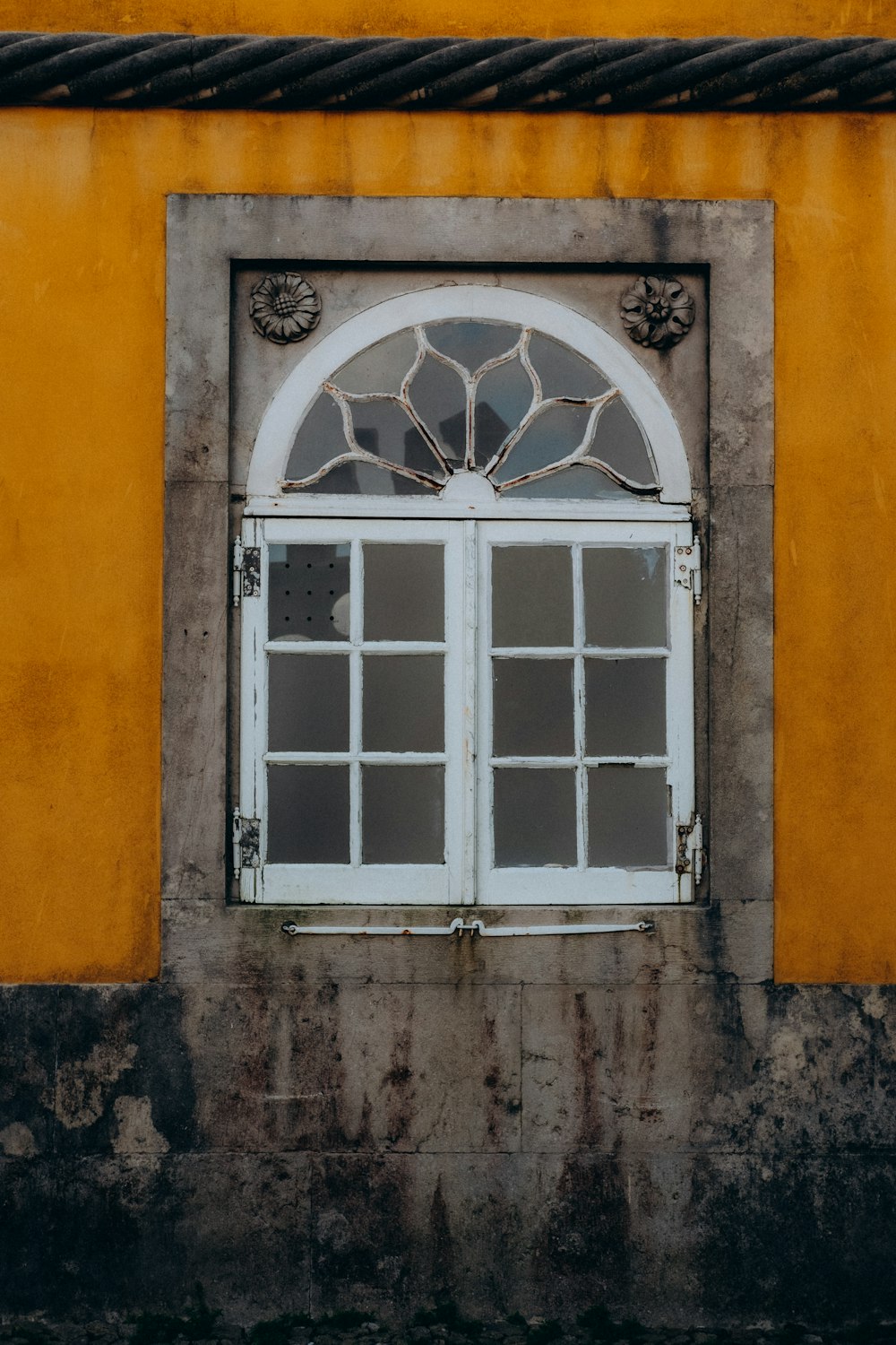 a yellow building with a window and a cat sitting on the window sill