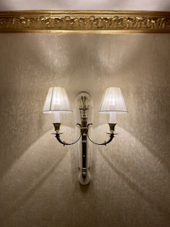 Brass wall sconce shining beside a vintage mirror in a stylish hallway
