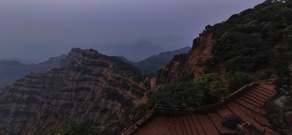 a view of a mountain with steps leading up to it