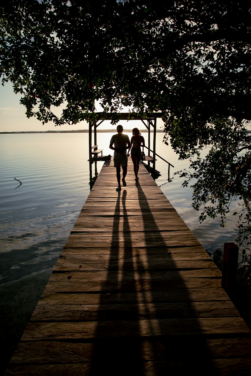 a couple of people that are walking on a dock