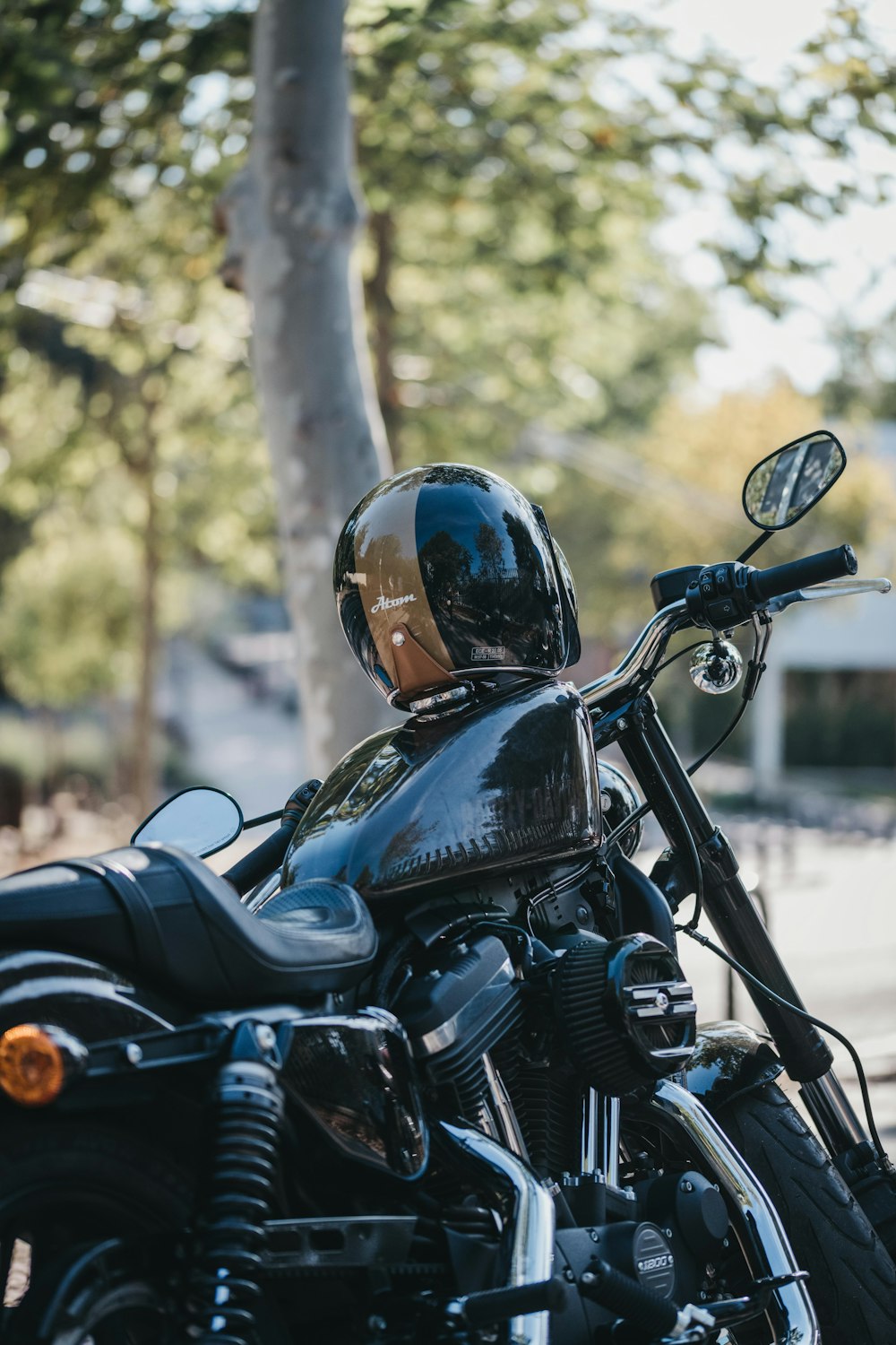 a motorcycle parked on the side of the road