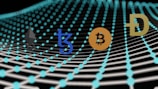 Multiple cryptocurrency logos including Ethereum, Tezos, Bitcoin, and Dogecoin are depicted over a digital grid composed of interconnected blue circles creating a wave-like pattern. The background is dark, enhancing the visibility of the logos and grid.