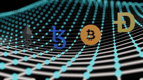 Multiple cryptocurrency logos including Ethereum, Tezos, Bitcoin, and Dogecoin are depicted over a digital grid composed of interconnected blue circles creating a wave-like pattern. The background is dark, enhancing the visibility of the logos and grid.