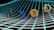 Multiple cryptocurrency logos including Ethereum, Tezos, Bitcoin, and Dogecoin are depicted over a digital grid composed of interconnected blue circles creating a wave-like pattern. The background is dark, enhancing the visibility of the logos and grid.