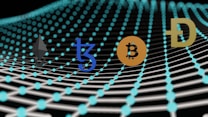 Multiple cryptocurrency logos including Ethereum, Tezos, Bitcoin, and Dogecoin are depicted over a digital grid composed of interconnected blue circles creating a wave-like pattern. The background is dark, enhancing the visibility of the logos and grid.