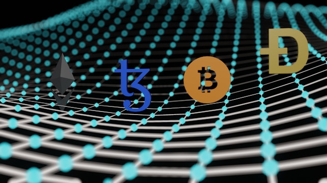 Multiple cryptocurrency logos including Ethereum, Tezos, Bitcoin, and Dogecoin are depicted over a digital grid composed of interconnected blue circles creating a wave-like pattern. The background is dark, enhancing the visibility of the logos and grid.