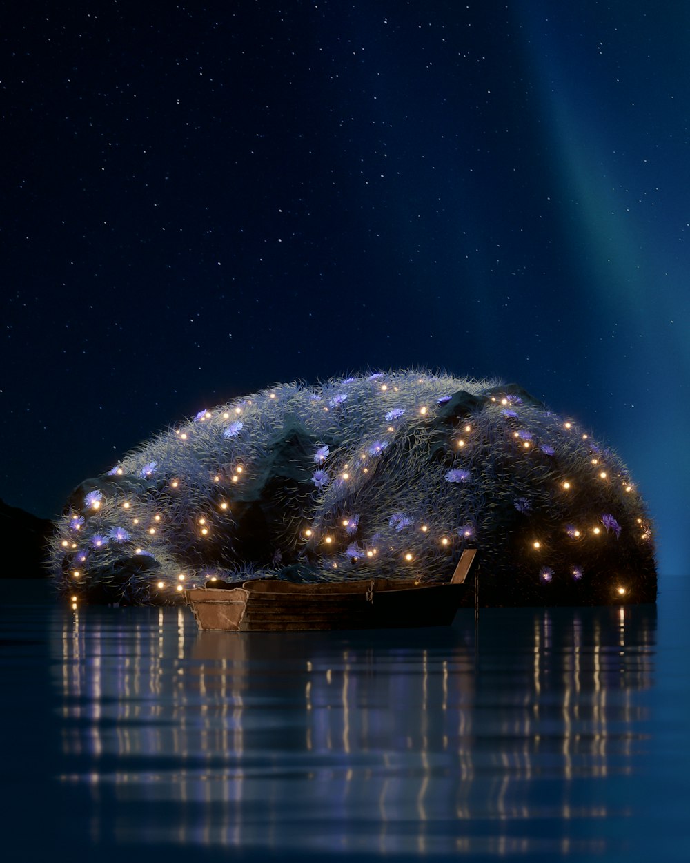 a boat floating on top of a body of water under a sky filled with stars
