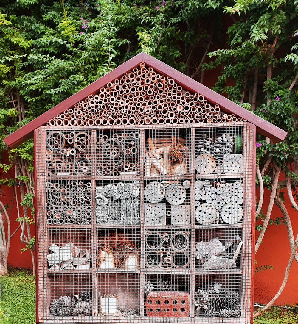 a display of various types of objects in a cage