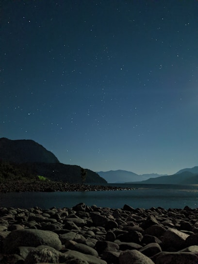 A serene landscape with a person meditating under a starry sky.