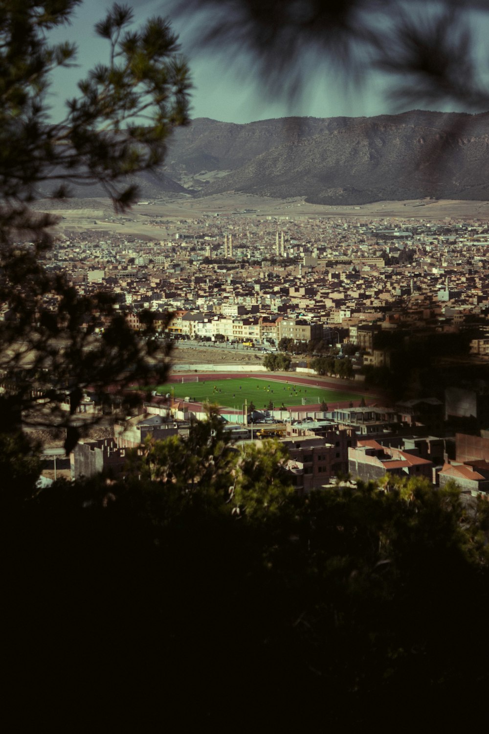 a view of a city with mountains in the background