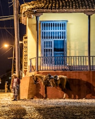 A rustic street scene at night features a person wearing a cowboy hat and leaning against a post next to a saddled horse. The setting includes a colorful old building with a yellow wall and a blue door and railing, illuminated by street lights and creating shadows on the cobblestone street.