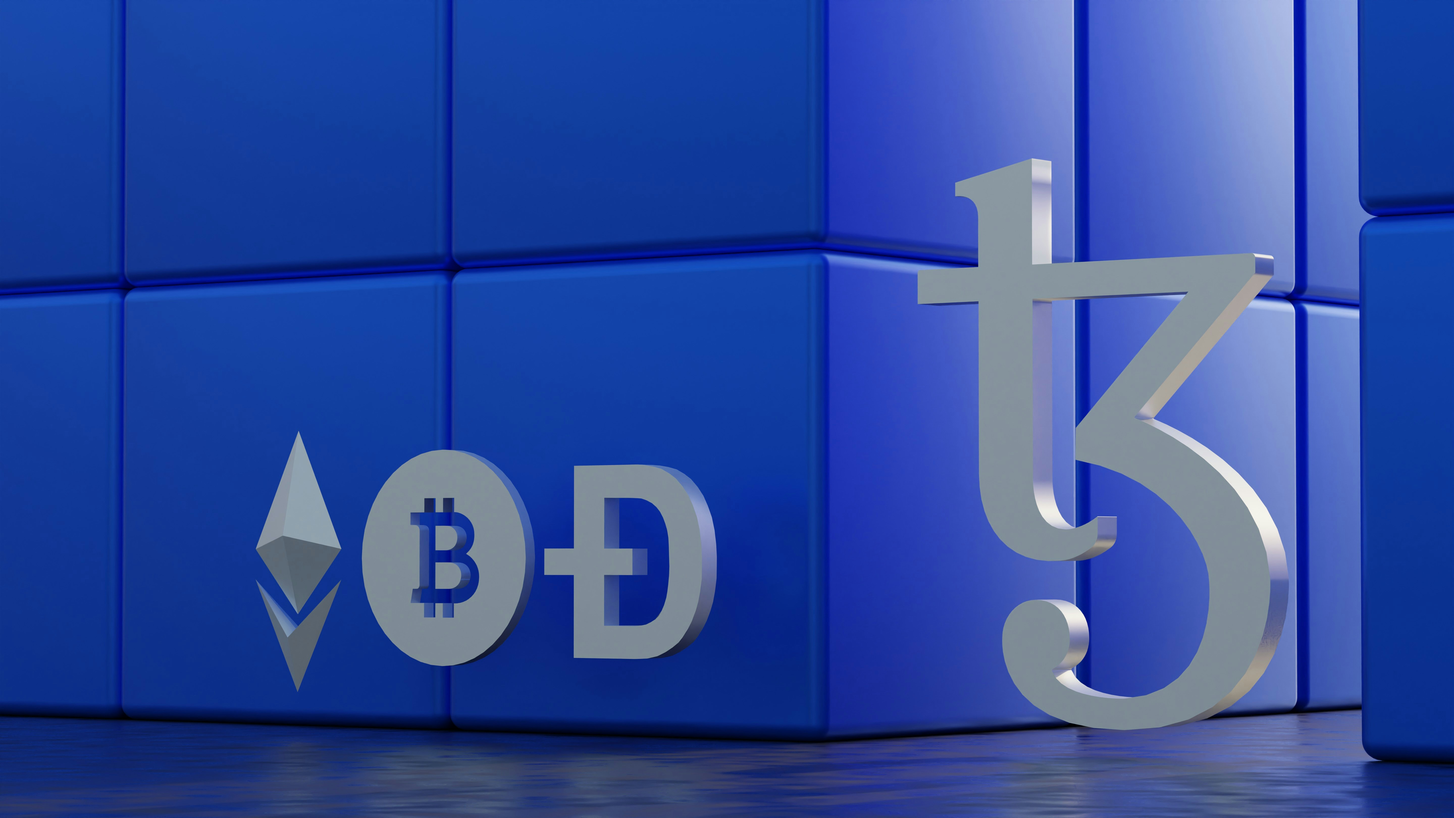 3D illustration of Tezos coin, bitcoin, Ehtereum, and dogecoin floating around blue blocks. Tezos is a blockchain designed to evolve. work 👇: Email: shubhamdhage000@gmail.com