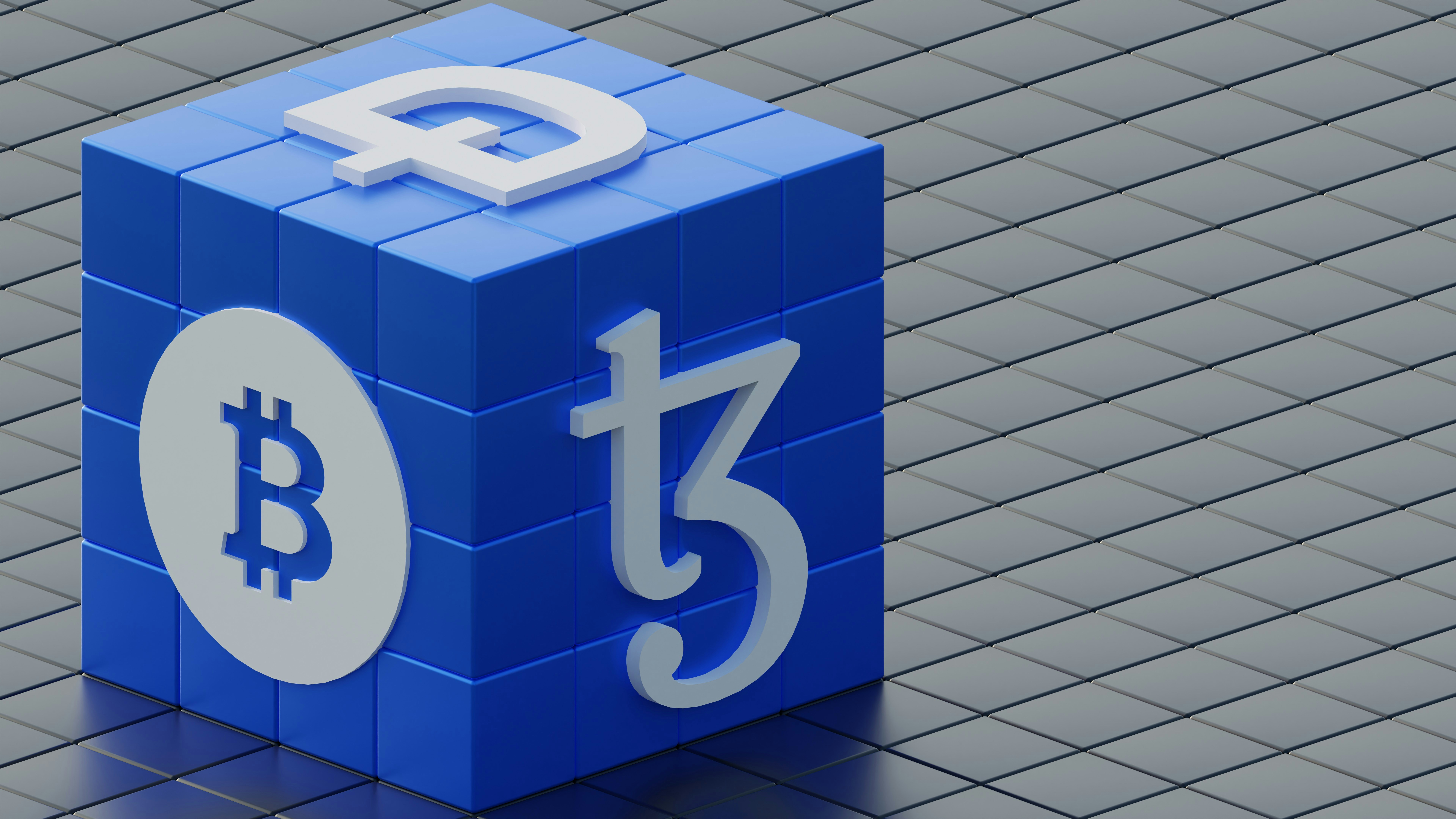 3D illustration of Tezos coin, bitcoin, Ehtereum, and dogecoin wrapped around blue blocks. Tezos is a blockchain designed to evolve. work : Email: shubhamdhage000@gmail.com