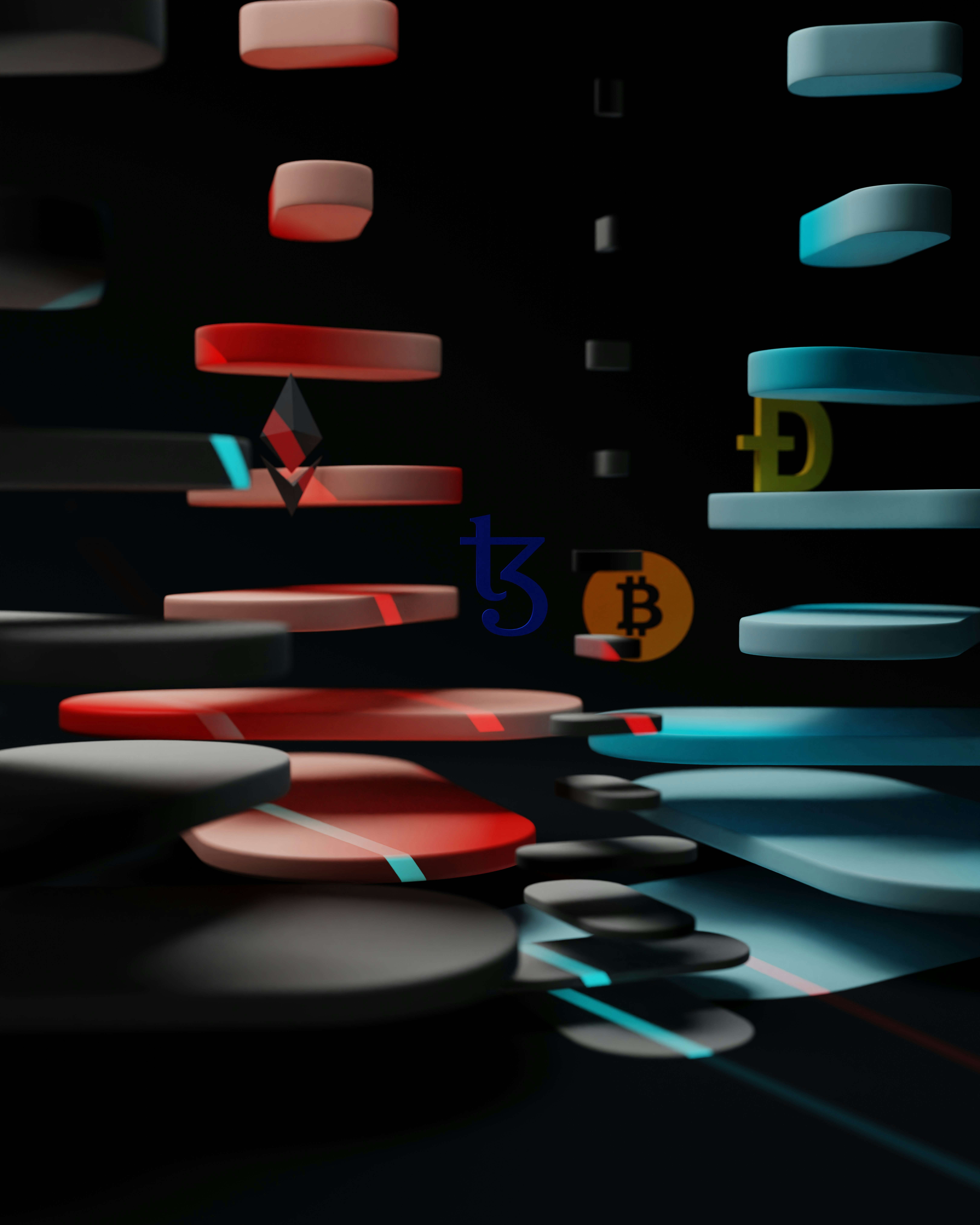 3D illustration of Tezos coin, bitcoin, Ehtereum, and dogecoin floating in the air. Tezos is a blockchain designed to evolve. work 👇: Email: shubhamdhage000@gmail.com