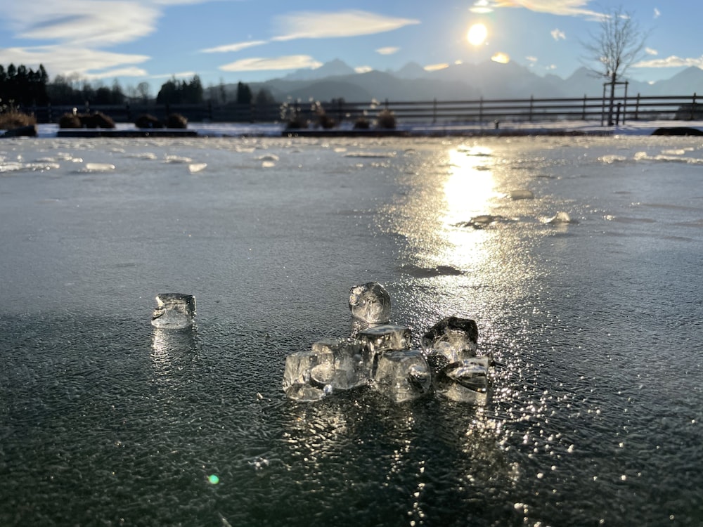 ice on a frozen lake with a bridge in the background