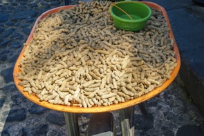 A large quantity of peanuts in their shells is displayed on a round orange tray. A green plastic bowl sits among the peanuts, contrasting with the rough cobblestone street in the background.