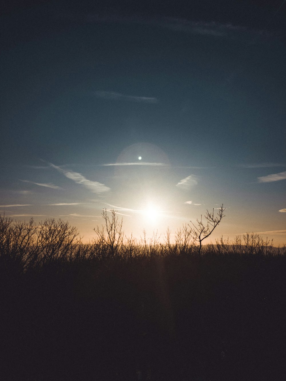 the sun is setting over the horizon of a field