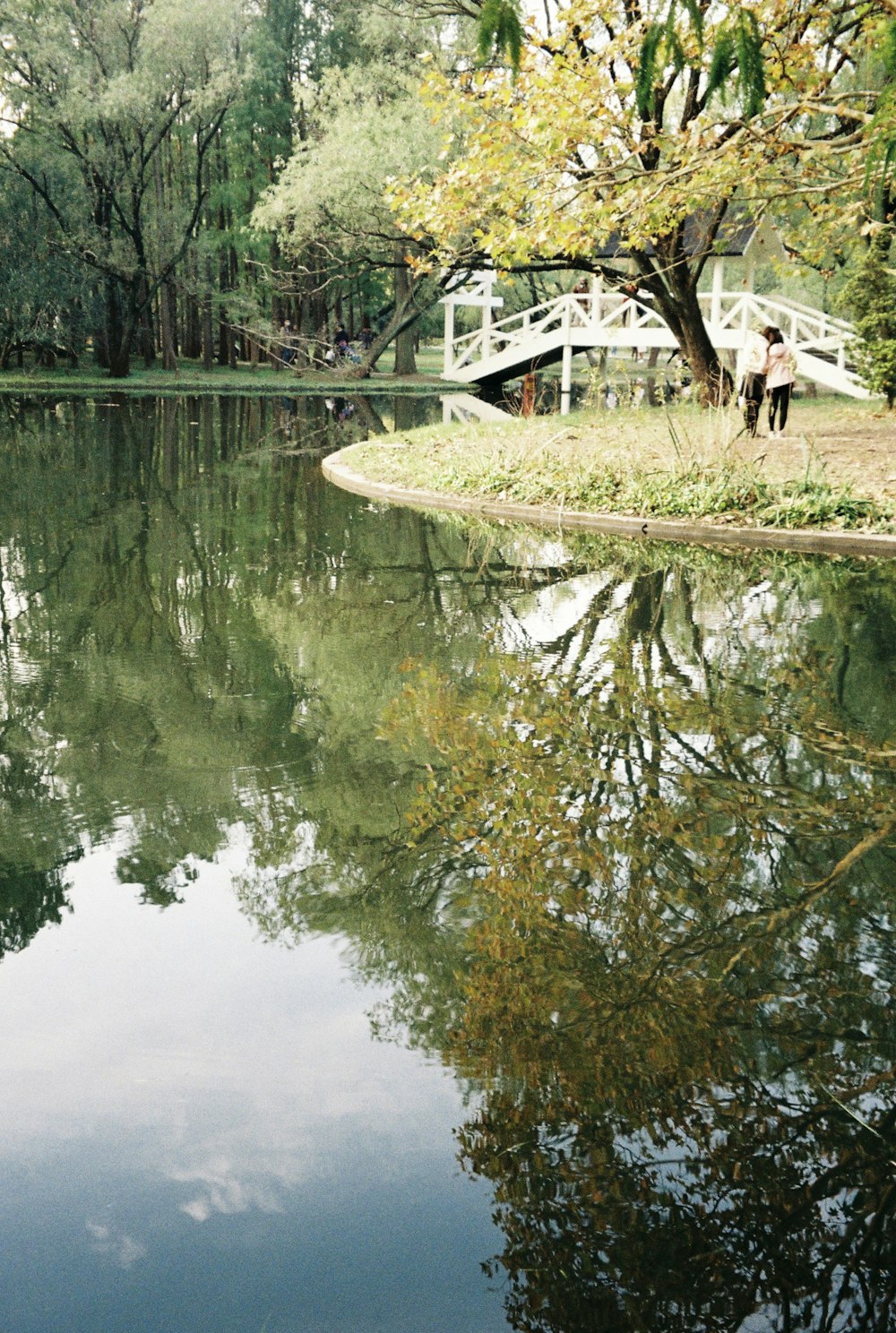 a pond with a white bridge and trees in the background