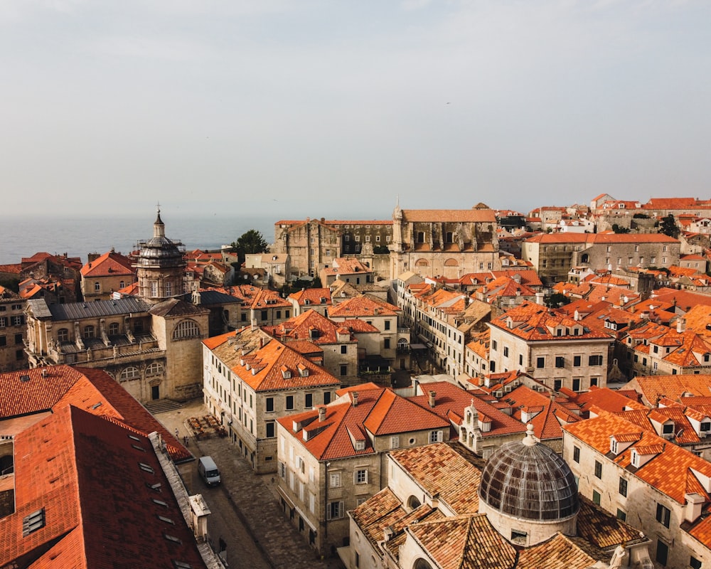 an aerial view of a city with red roofs