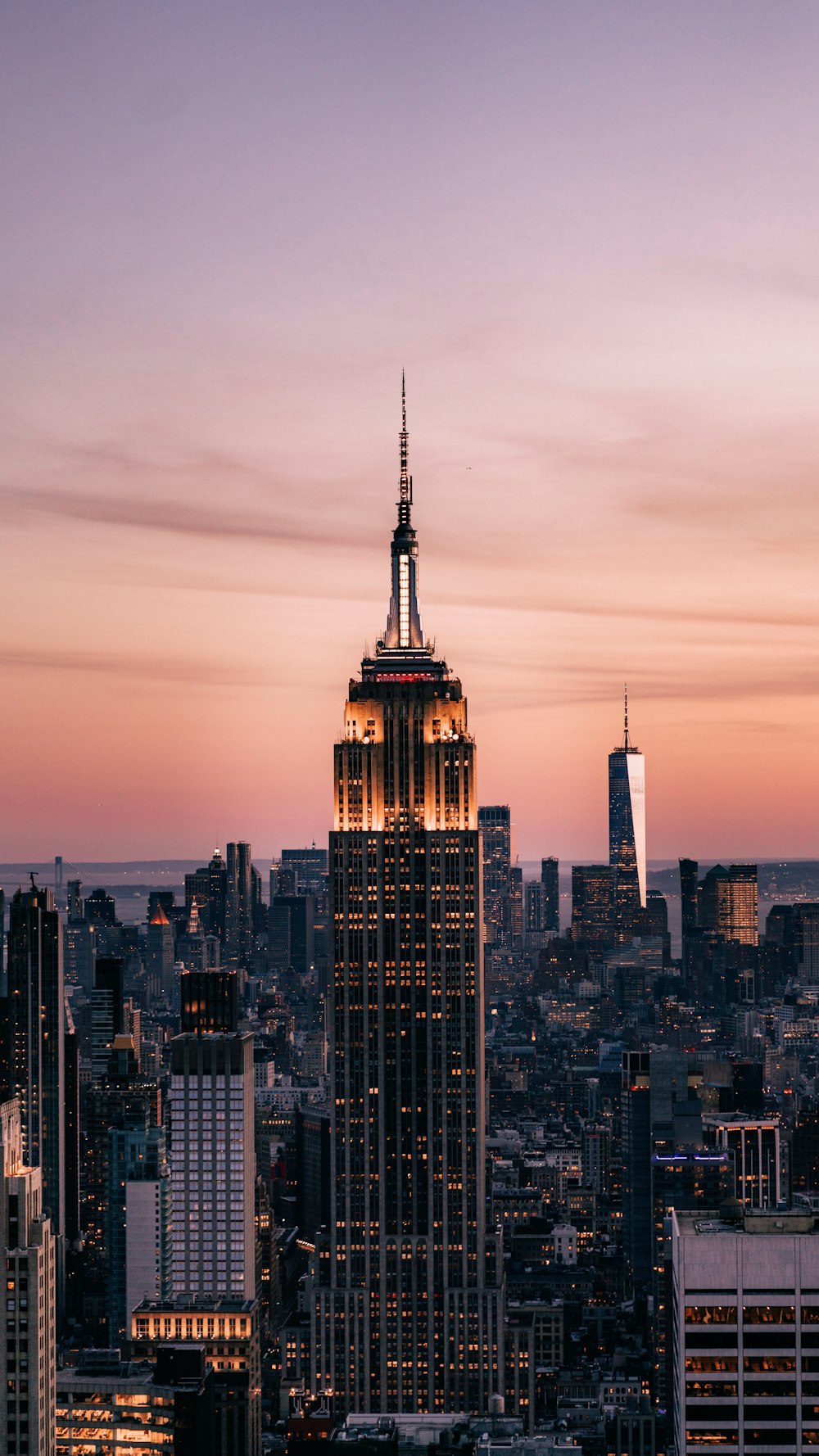 a view of a city skyline at sunset