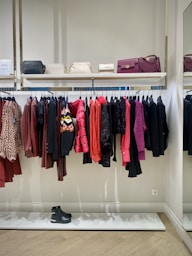 a rack of clothes and shoes in a store