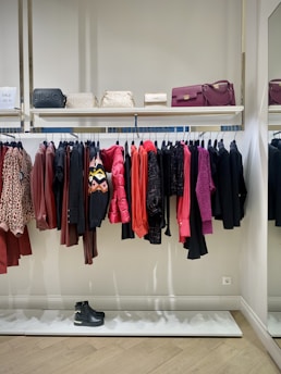 a rack of clothes and shoes in a store