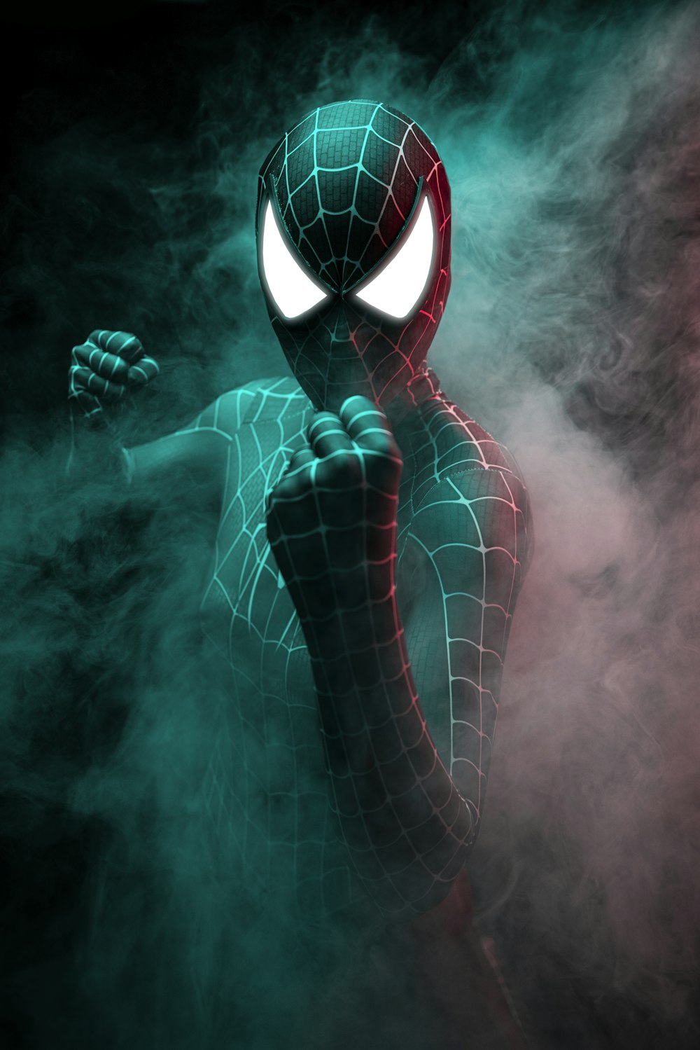 a spider - man in a suit with glowing eyes