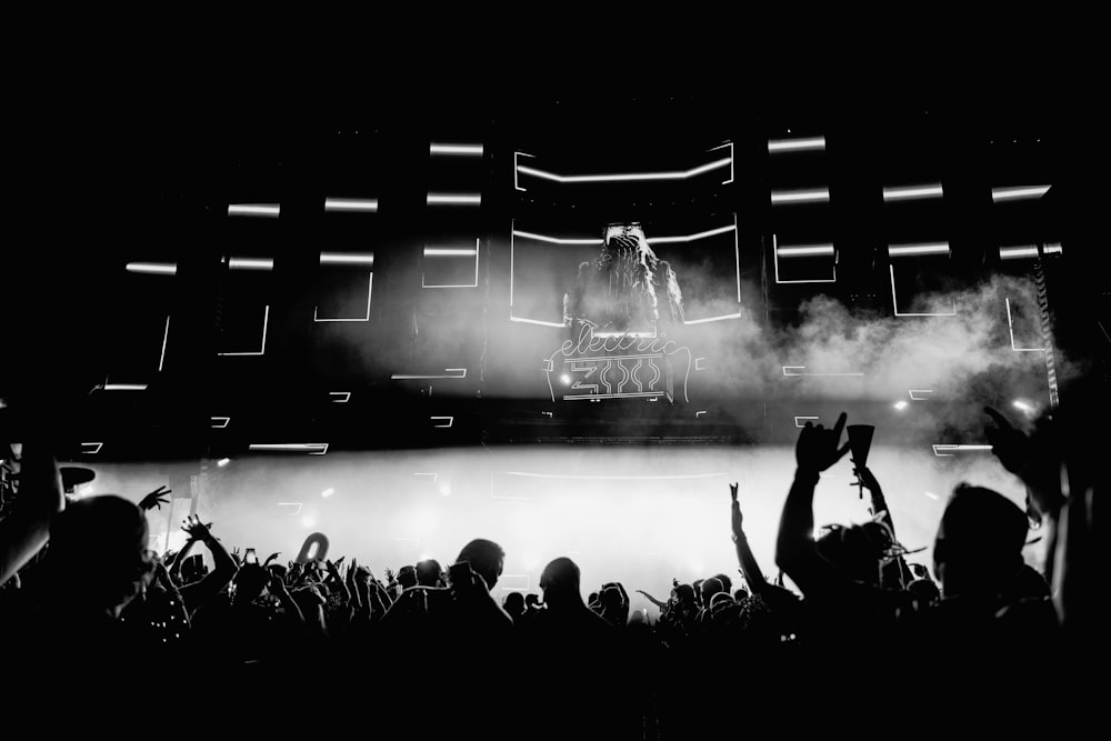 a black and white photo of a crowd at a concert