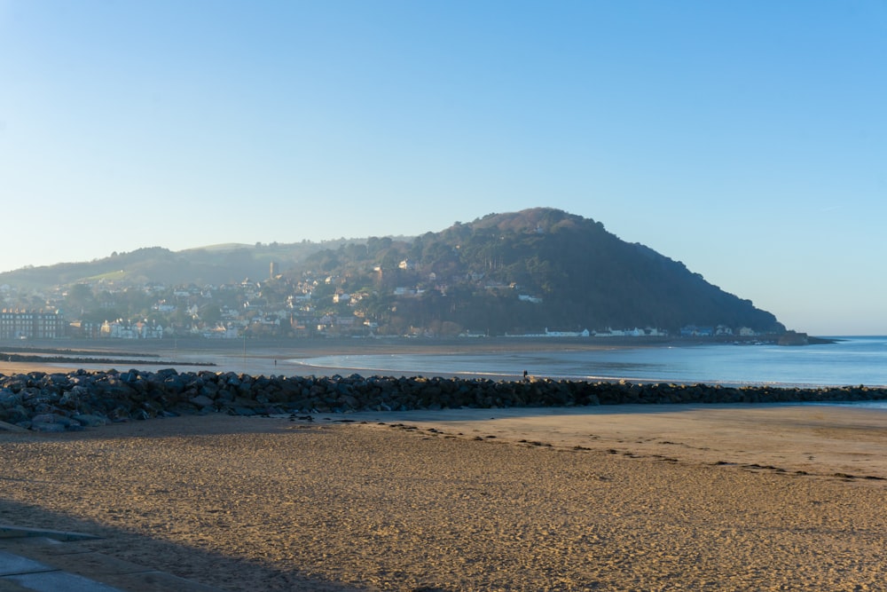 a beach with a mountain in the background