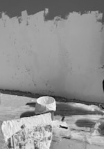 A section of a wall is being painted. The surface appears partially covered with paint, and various painting supplies are present, including a large paint bucket and a brush. The ground is protected with plastic sheets, and there is a close-up of paint on a tool in the foreground.