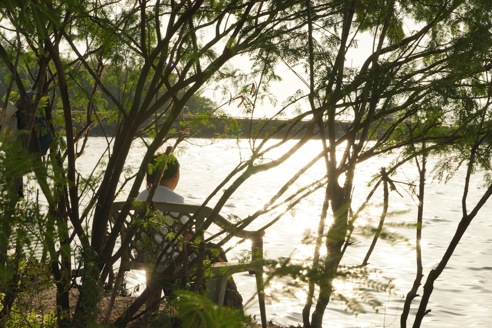 a person sitting on a bench near a body of water