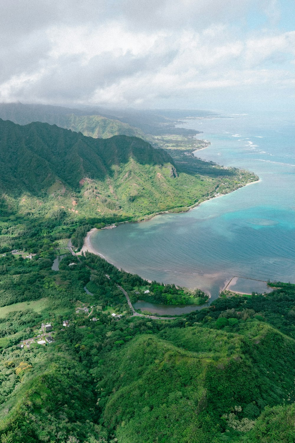 an aerial view of a lush green hillside next to a body of water