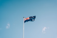 a flag flying in the wind on a clear day