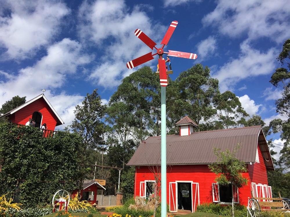 a red barn with a windmill on top of it