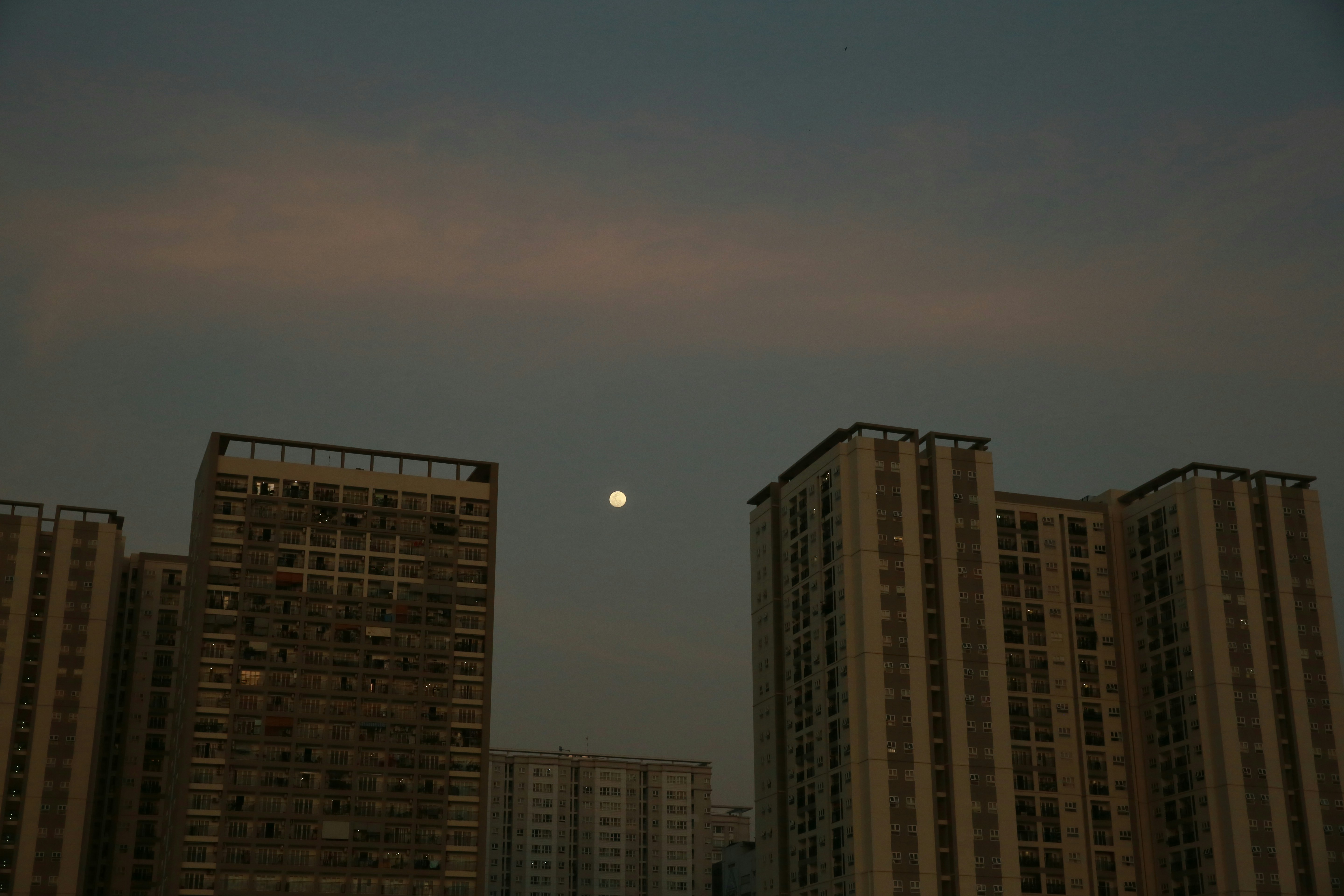 a full moon is seen in the sky over a city