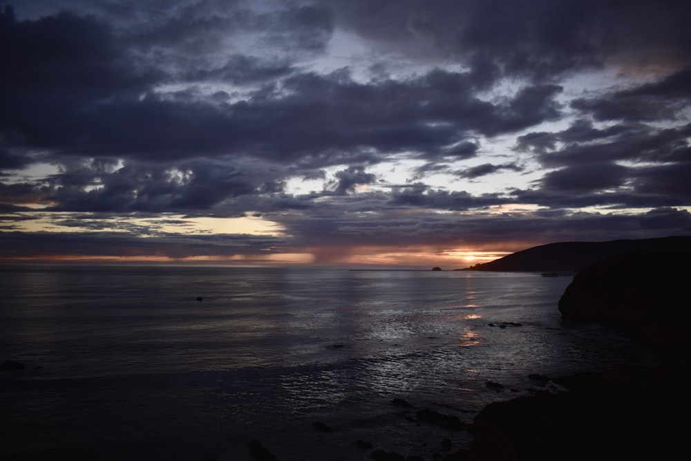 the sun is setting over the ocean on a cloudy day