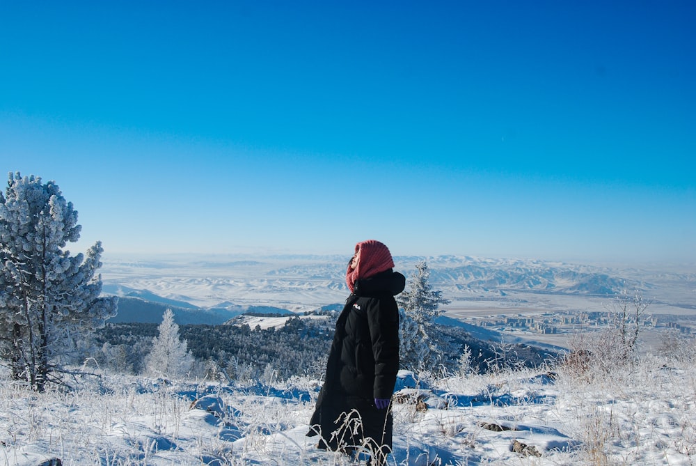 a person standing in the snow looking at the mountains