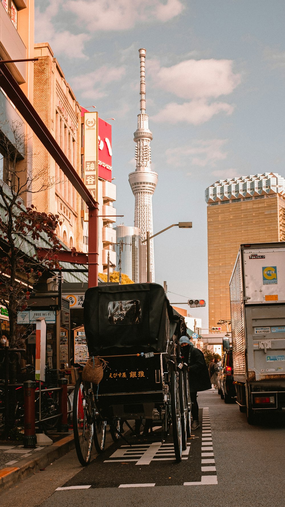 a horse drawn carriage on a city street