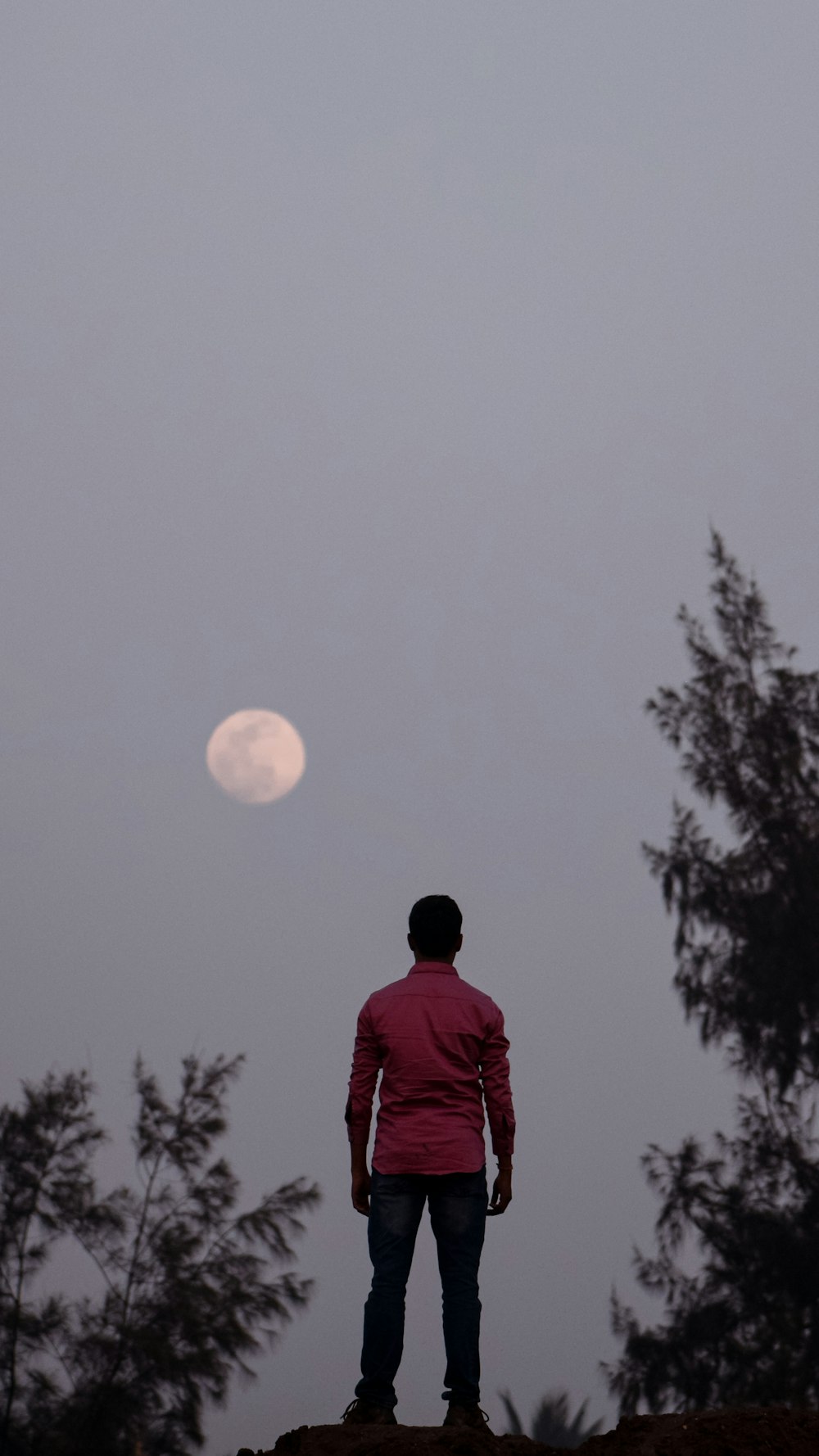 a man standing on top of a hill looking at the moon