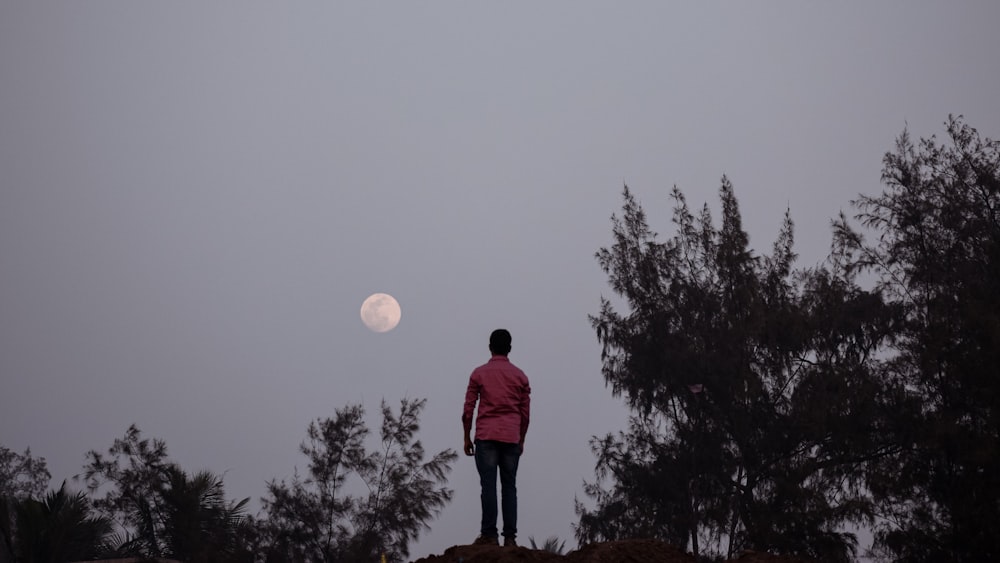 a person standing on a hill looking at the moon