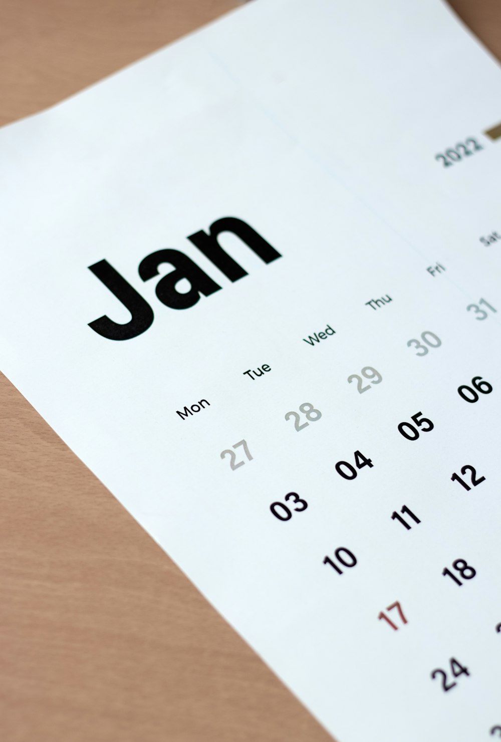 a calendar with the word jan on it