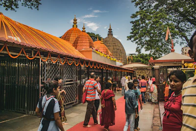Devotees walking along vibrant decorated pathways leading to temples