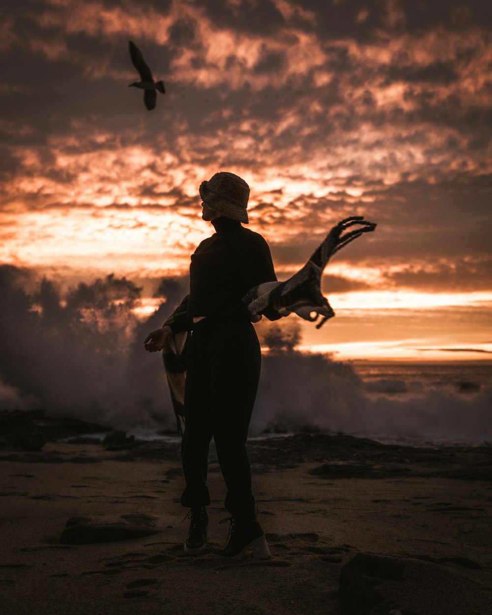 a woman standing on a beach next to a bird