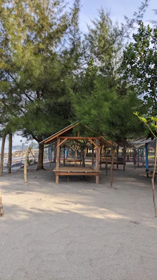 A cozy beach hut nestled among lush greenery with hammocks inviting relaxation.