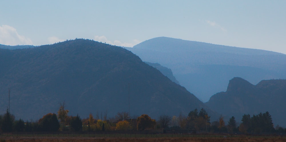 a mountain range with trees and mountains in the background