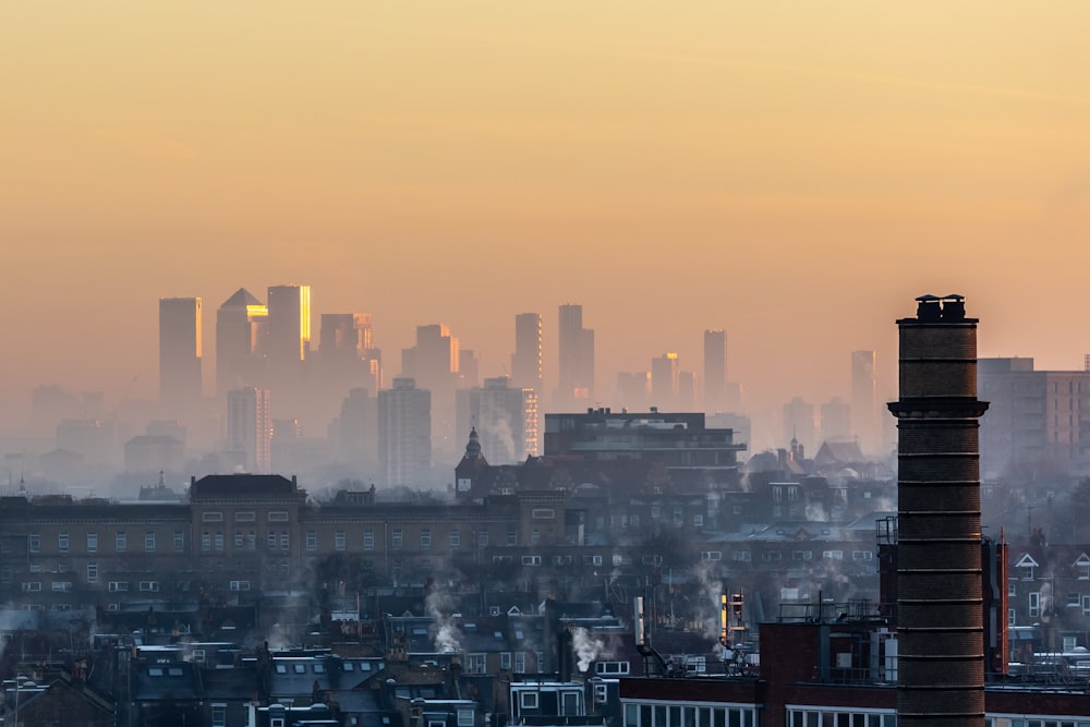 a sunset over a city